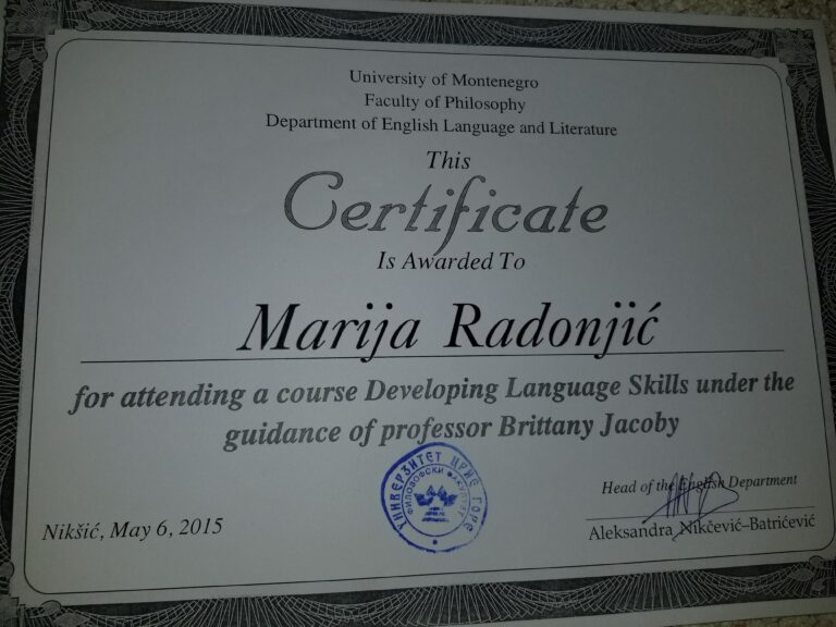 Marija Radonjic- certificate