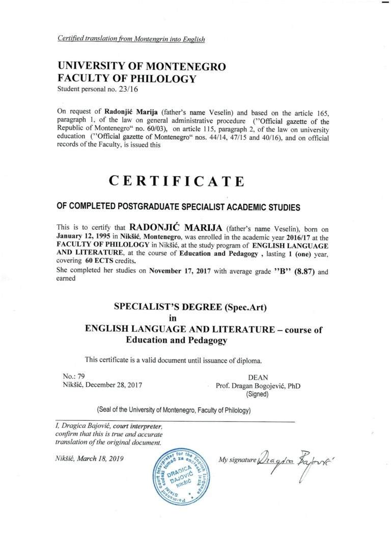 Marija Radonjic- certificate